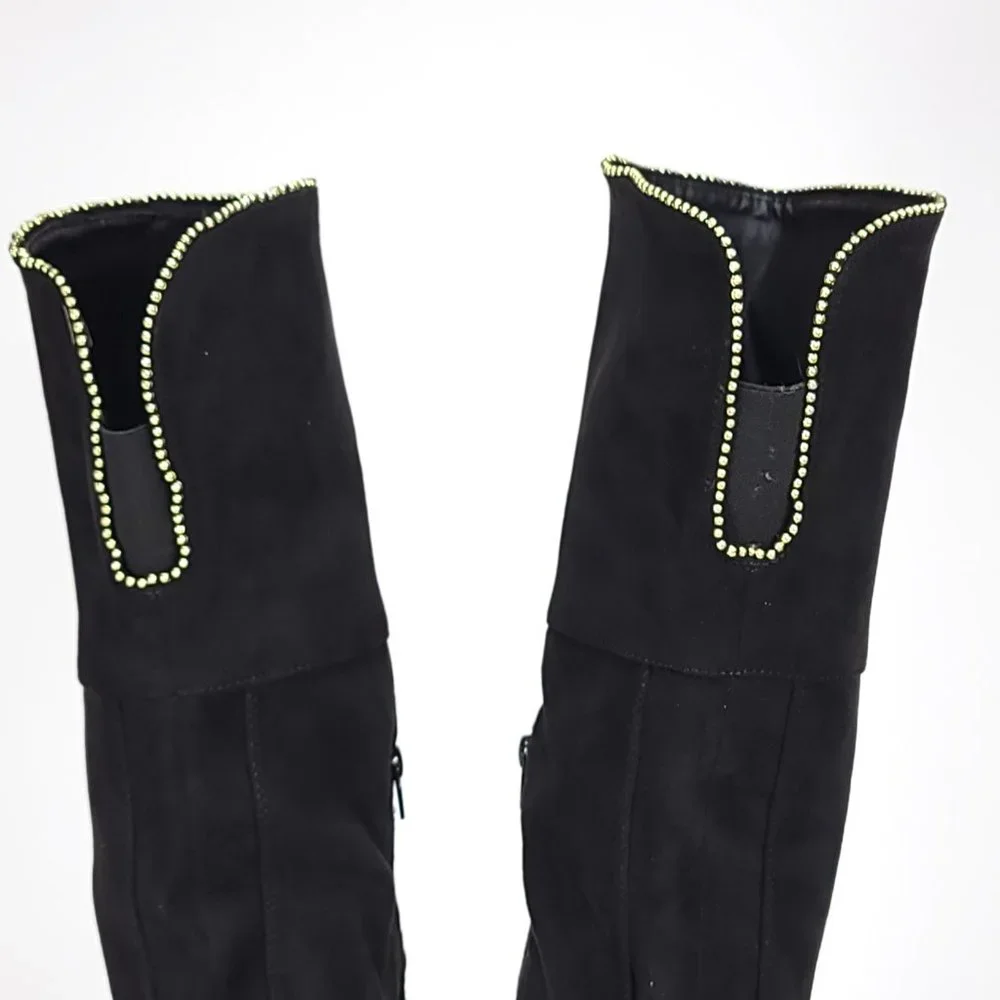 XOXO Tristen Black Faux Suede Over The Knee Beaded‎ Trim Flat Boots Women 7.5M